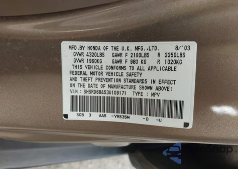 2003 Honda Cr-V Lx from USA, damaged, VIN SHSRD68453U109171